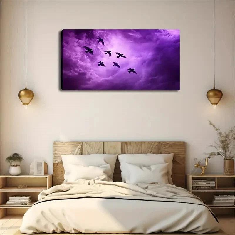 Black Birds Flying The Purple Wall Art Canvas Office Home Room Framed 120x60cm - Bella Home Decor