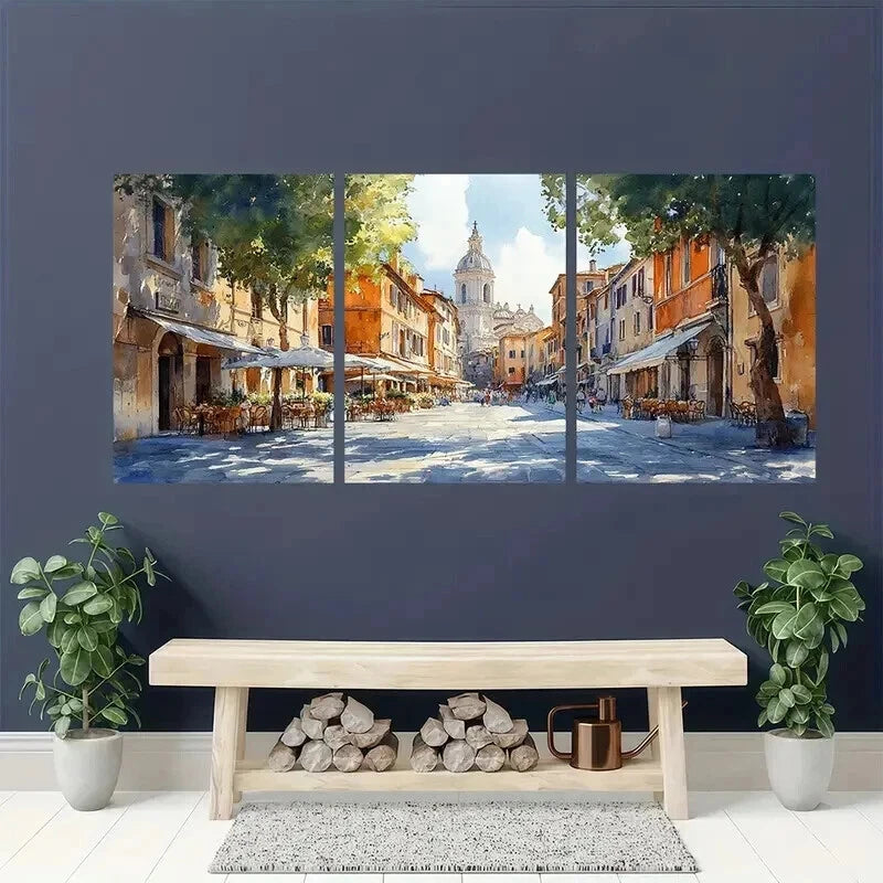 3pcs Italian Street Cafes & Historic Buildings Wall Art Set Canvas Framed 40x60cm - High Quality Print 100% Australian Made Wall Canvas Ready to Hang - Bella Home Decor