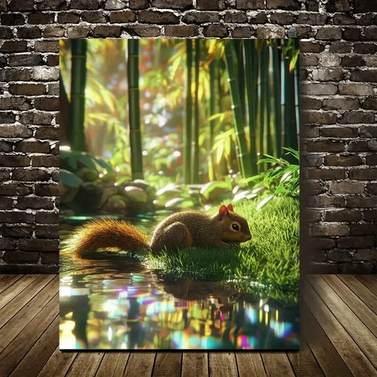 Photorealistic Scene Of Squirrel Rolling On The Grass  40x60cm Metal Print Ready to Hang - Bella Home Decor