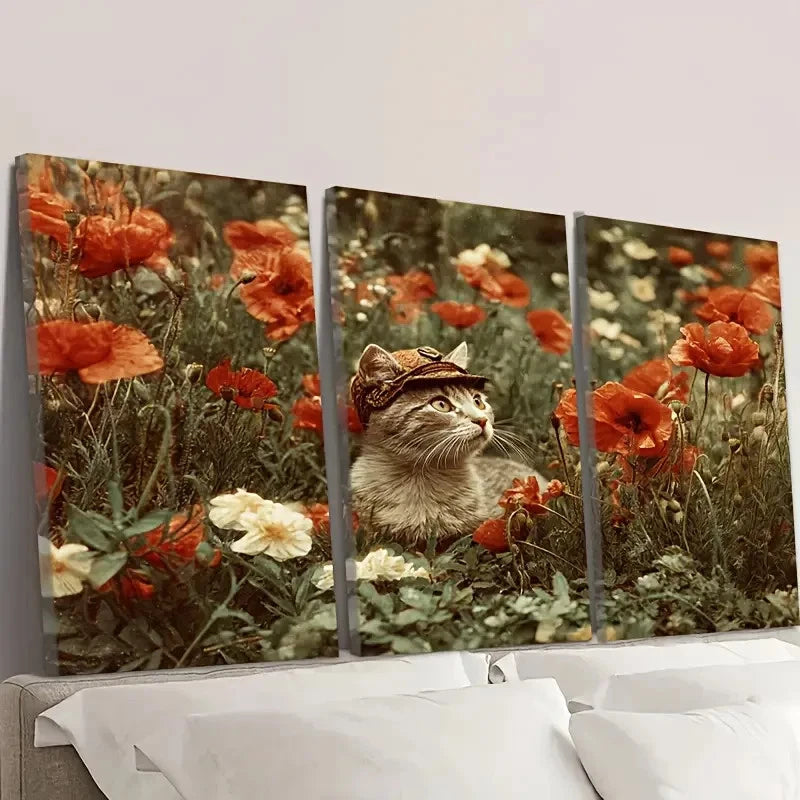 3pcs Cat in Poppy Field, Kitten, Cute Wall Art Set Canvas Framed 40x60cm - High Quality Print 100% Australian Made Wall Canvas Ready to Hang - Bella Home Decor
