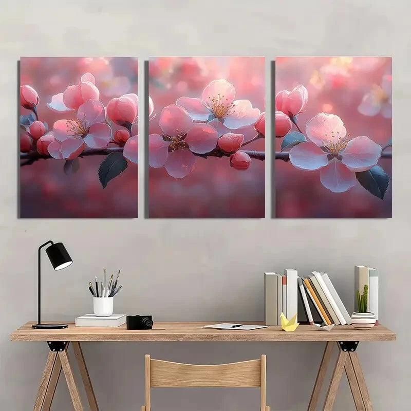 3pcs Pink &White Flower Branches on Red Background Metal Print Ready to Hang Art - Bella Home Decor