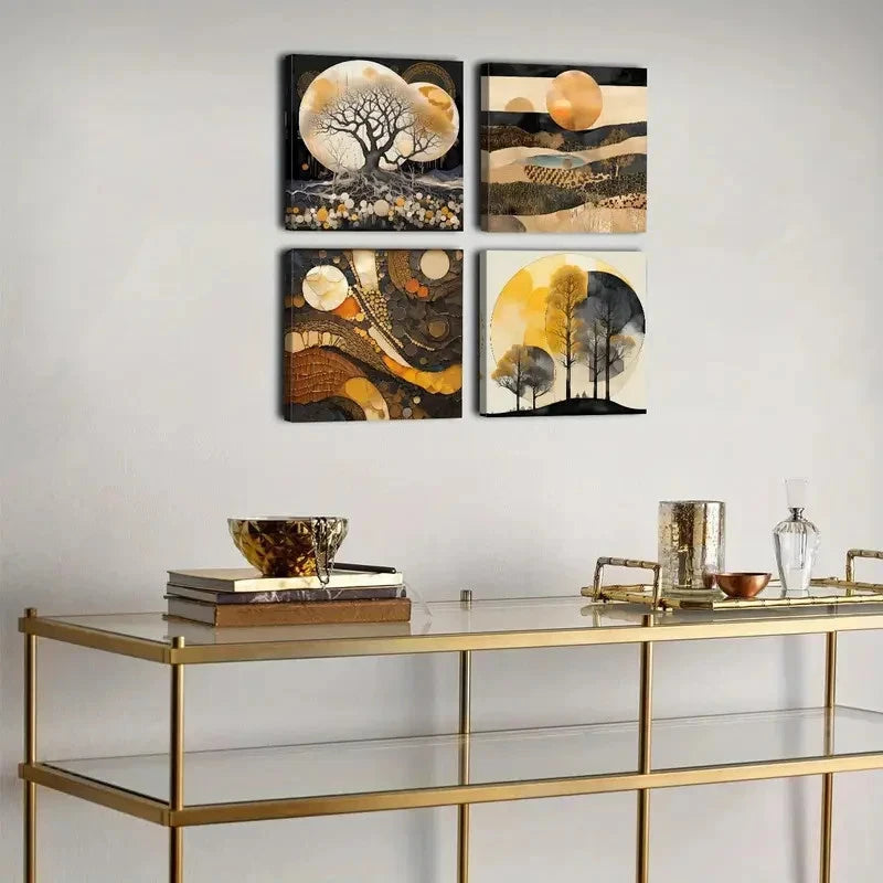 4pcs Beige Geometric  Wall Art Canvas Framed