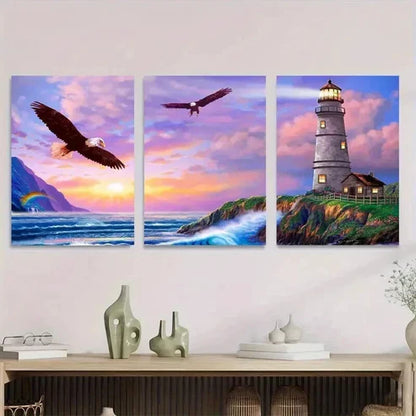 3pcs Sunset Lighthouse & Eagles Triptych Wall Art Canvas Unframed - High Quality Print 100% Australian Made Wall Canvas