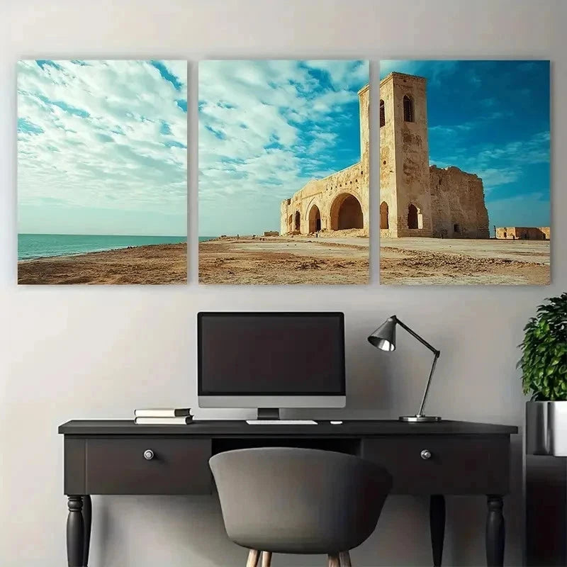 3pcs Ancient Architecture With Beige Perfect Wall Art Set Canvas Framed 50x70cm - High Quality Print 100% Australian Made Wall Canvas Ready to Hang - Bella Home Decor