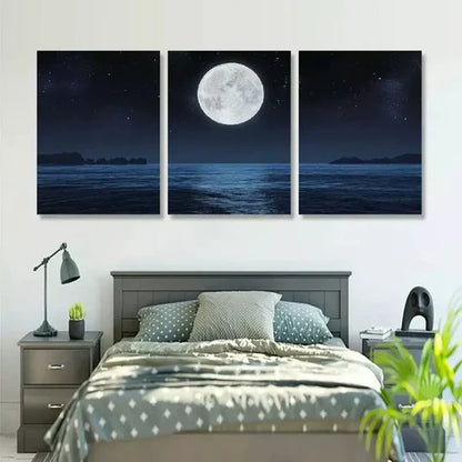 3pcs Full Moon on a Dark Night with Stars Canvas Unframed - High Quality Print 100% Australian Made Wall Canvas - Bella Home Decor
