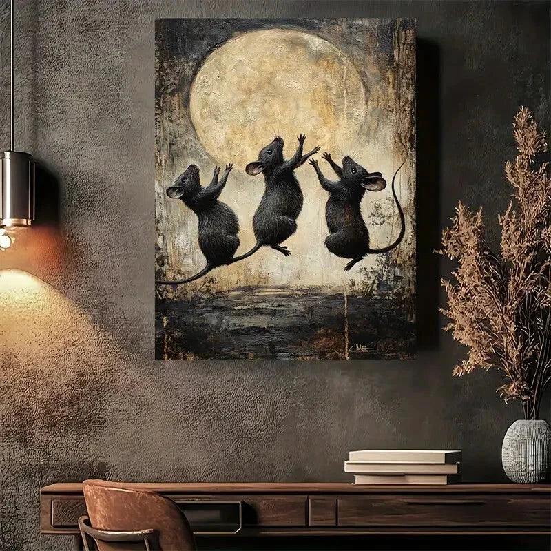 Beautiful Whimsical Jumping Mice Under Moon Painting 40x60cm Metal Print Ready to Hang - Bella Home Decor
