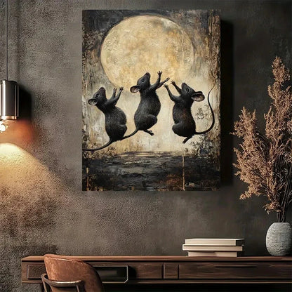 Beautiful Whimsical Jumping Mice Under Moon Painting 40x60cm Metal Print Ready to Hang - Bella Home Decor