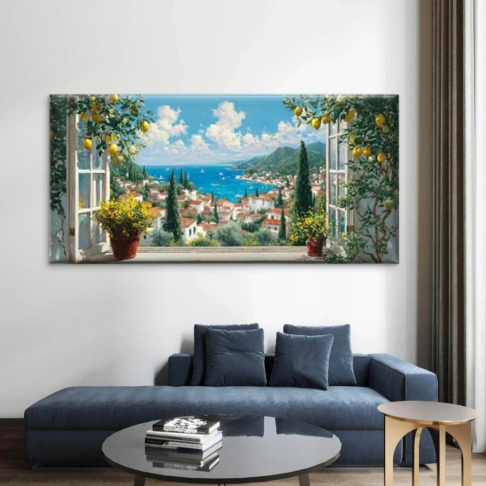 Lemon Tree & Sea View Wall Art Canvas Office Home Room Framed 120x60cm