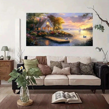 Lakeside House Sunset Wall Art Canvas Office Home Room Framed 120x60cm