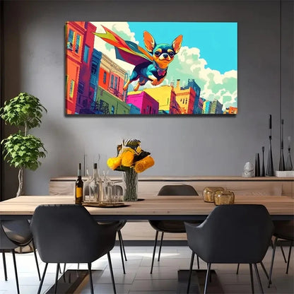 Superhero Dog Flying Wall Art Canvas Office Home Room Framed 120x60cm.