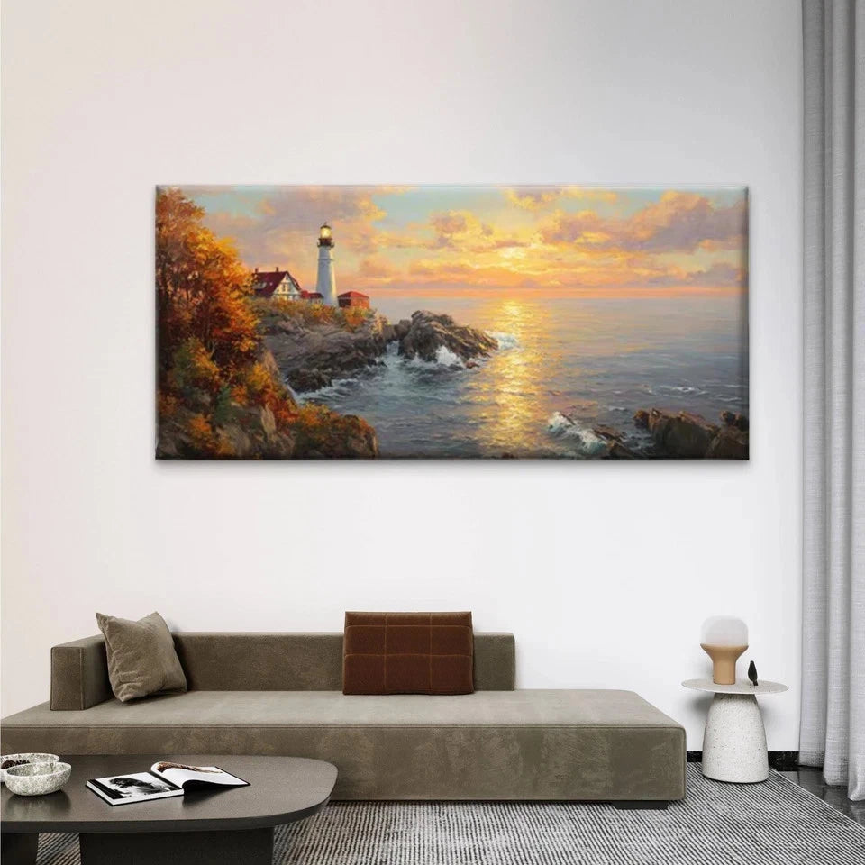 Lighthouse Sunset Coastal Wall Art Canvas Office Home Room Framed 120x60cm