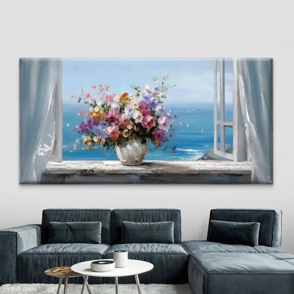 Vase of Flowers, & Ocean View Wall Art Canvas Office Home Room Framed 120x60cm