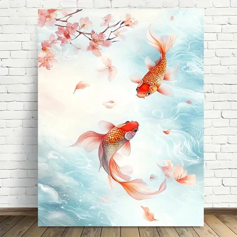 Beautiful Vibrant Orange Koi & Pink Sakura Painting 40x60cm Metal Print Ready to Hang