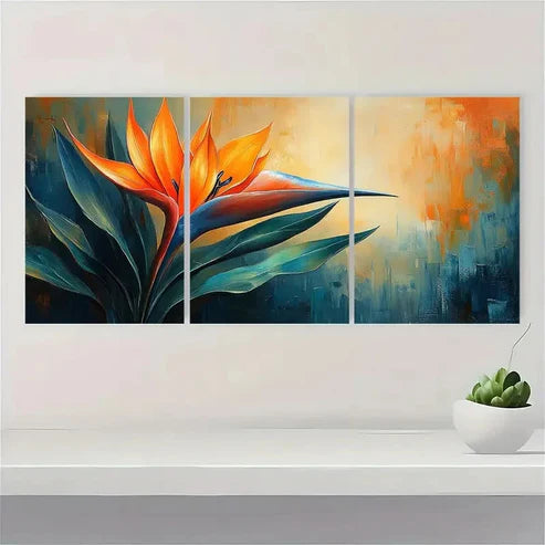 3pcs Bird of Paradise Plant Painting Orange PO  Wall Art Set Canvas Unframed - High Quality Print 100% Australian Made Wall Canvas - Bella Home Decor