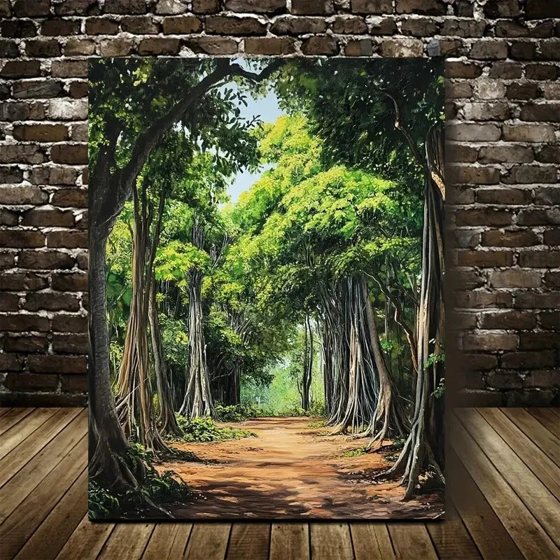 Lush Banyan Forest Vibrant Green Foliage Painting 40x60cm Metal Print Ready to Hang - Bella Home Decor
