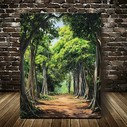 Lush Banyan Forest Vibrant Green Foliage Painting 40x60cm Metal Print Ready to Hang - Bella Home Decor