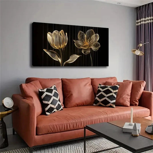 Minimalist Golden Floral Décor Wall Art Canvas Office Home Room Framed 120x60cm