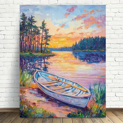Beautiful Serene Sunset Lake Scene Modern Painting 40x60cm Metal Print Ready to Hang - Bella Home Decor