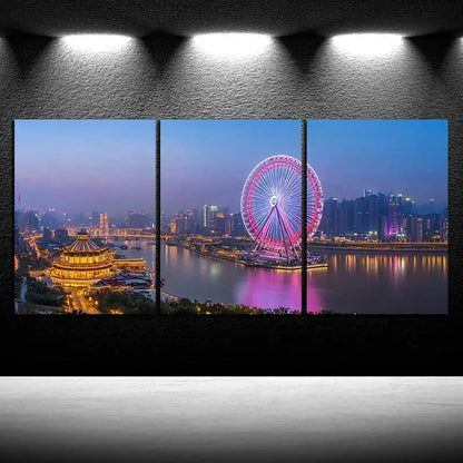 3pcs Cityscape Ferris Wheel Watercolor Style Metal Print Ready to Hang Art