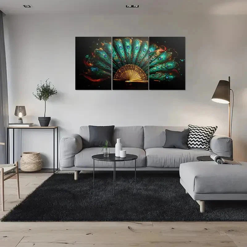 3pcs Peacock Feather Fan Vibrant Blue & Green Metal Print Ready to Hang Art