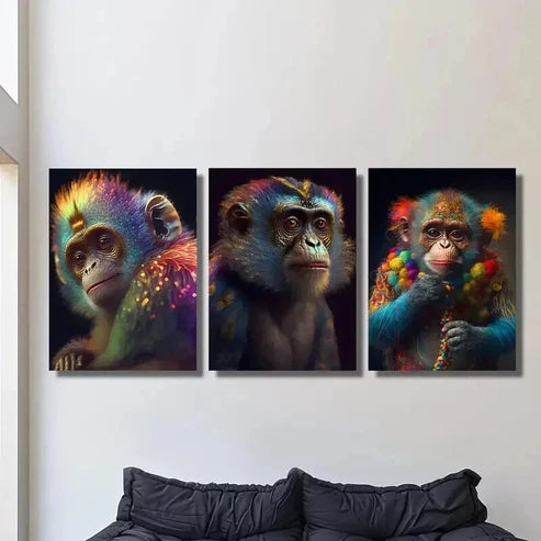 3pcs Classic Fluorescent Monkey Decor Wall Art Set Canvas Unframed - High Quality Print 100% Australian Made Wall Canvas - Bella Home Decor