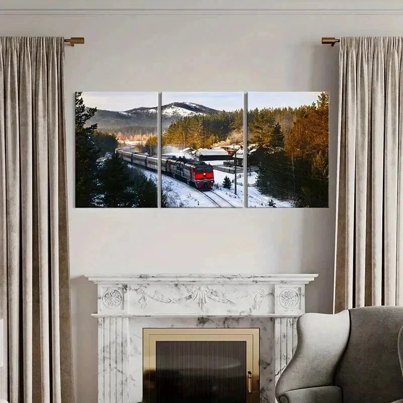 3pcs Snowy Landscape with Steam Train Wall Art Set Canvas Framed 40x60cm - High Quality Print 100% Australian Made Wall Canvas Ready to Hang - Bella Home Decor