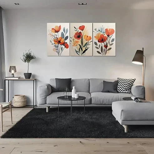 3pcs Orange Red Yellow Flowers with Green Leaves Wall Art Canvas Unframed - High Quality Print 100% Australian Made Wall Canvas