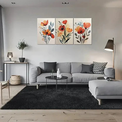 3pcs Orange Red Yellow Flowers with Green Leaves Wall Art Canvas Unframed - High Quality Print 100% Australian Made Wall Canvas
