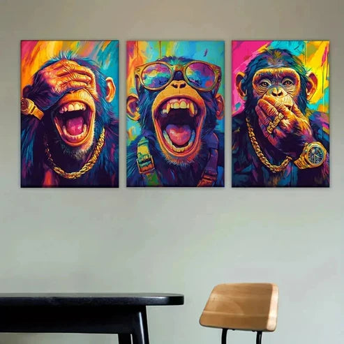 3pcs Featuring Three Monkeys with Open Mouths Wall Art Set Canvas Unframed - High Quality Print 100% Australian Made Wall Canvas
