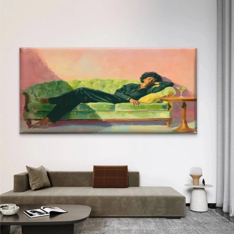 Black & Green Portrait of Woman Wall Art Canvas Office Home Room Framed 120x60cm