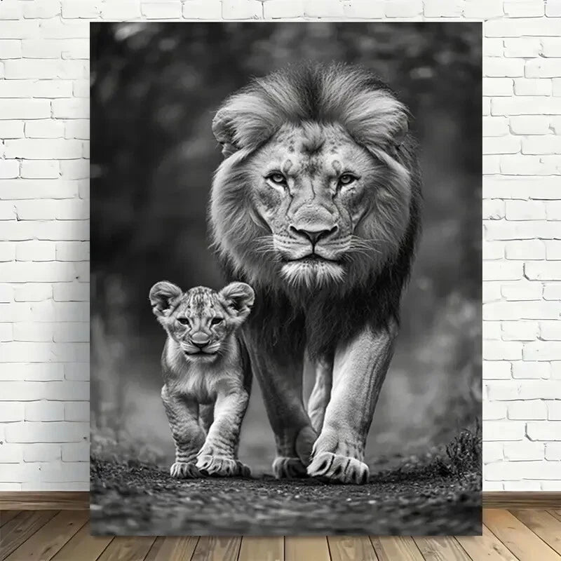 Beautiful Lion Family Black & White Vintage Painting 40x60cm Metal Print Ready to Hang - Bella Home Decor