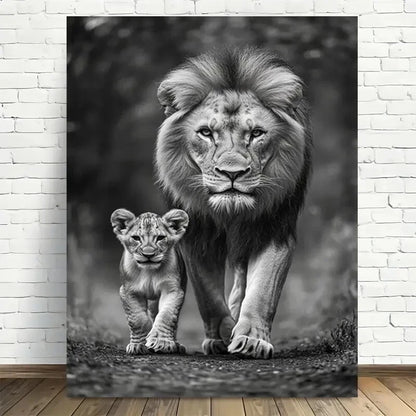 Beautiful Lion Family Black & White Vintage Painting 40x60cm Metal Print Ready to Hang - Bella Home Decor
