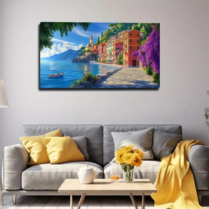 Living room with a large wall art depicting a coastal scene with colorful buildings and a boat.