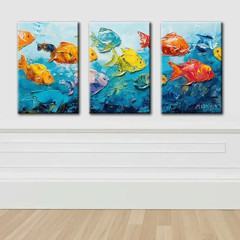 3pcs Vibrant Fish 3D Effect Wall Art Set Canvas Framed 50x70cm - High Quality Print 100% Australian Made Wall Canvas Ready to Hang