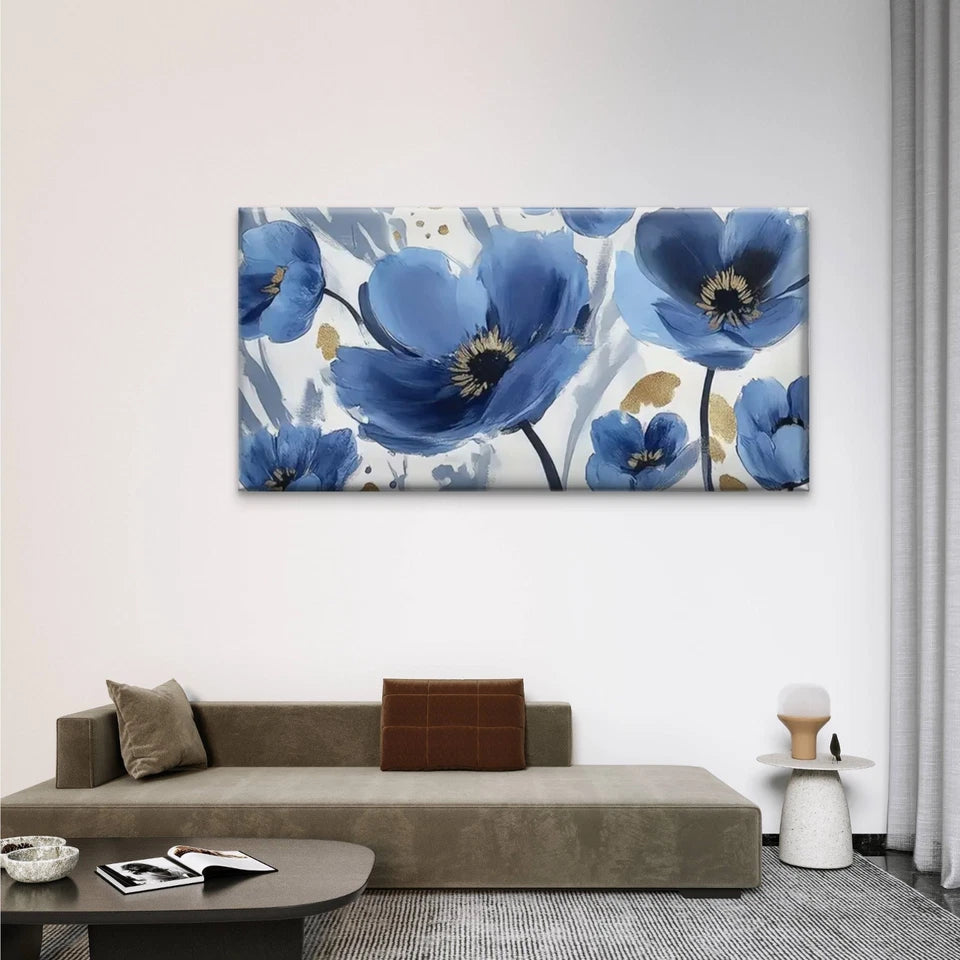 Blue Flowers On A White Wall Art Canvas Office Home Room Framed 120x60cm