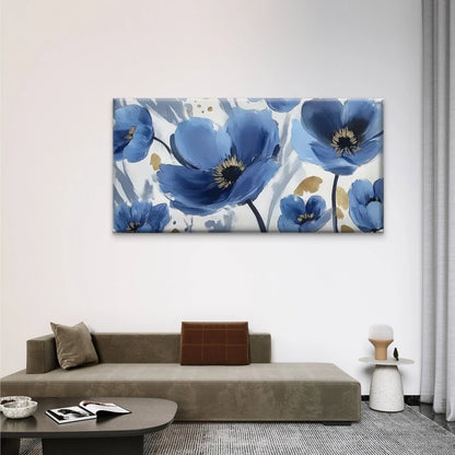 Blue Flowers On A White Wall Art Canvas Office Home Room Framed 120x60cm