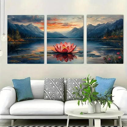 3pcs Lake And Mountains Décor Lotus Perfect Wall Art Set Canvas Framed 40x60cm - High Quality Print 100% Australian Made Wall Canvas Ready to Hang - Bella Home Decor
