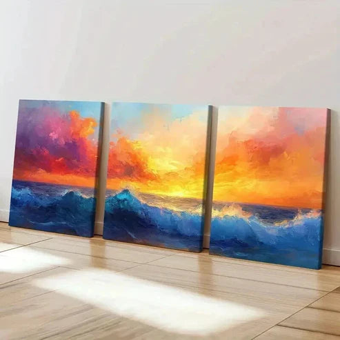 3pcs Sunset Ocean Waves Vibrant Sky Wall Art Canvas Unframed - High Quality Print 100% Australian Made Wall Canvas