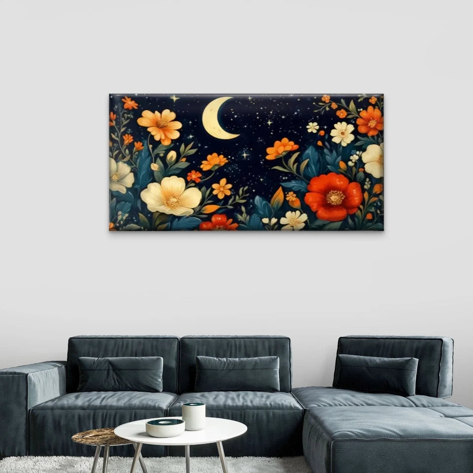 Vibrant Floral Moon Abstract Wall Art Canvas Office Home Room Framed 120x60cm