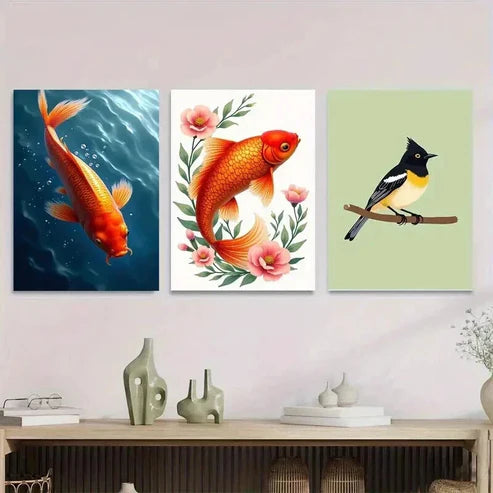 3pcs Fish Floral & Bird Vibrant Orange Koi Pink Wall Art Set Canvas Unframed - High Quality Print 100% Australian Made Wall Canvas