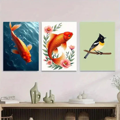 3pcs Fish Floral & Bird Vibrant Orange Koi Pink Wall Art Set Canvas Unframed - High Quality Print 100% Australian Made Wall Canvas