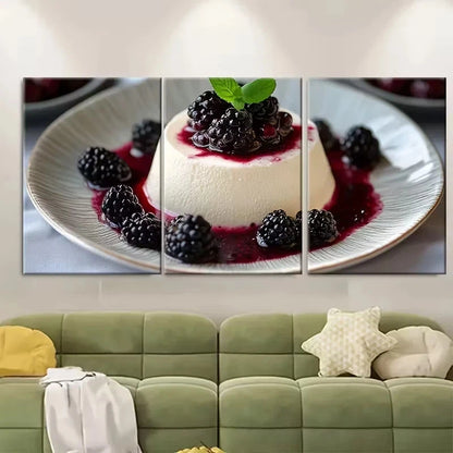 3pcs Vanilla Panna Cotta Dessert & Blackberry Wall Art Set Canvas Framed 60x90cm - High Quality Print 100% Australian Made Wall Canvas Ready to Hang