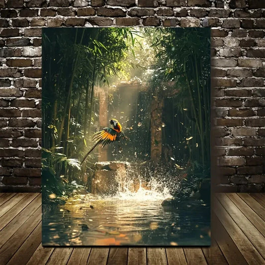 Beautiful Steampunk Scene of Parrot Splashing Painting 40x60cm Metal Print Ready to Hang