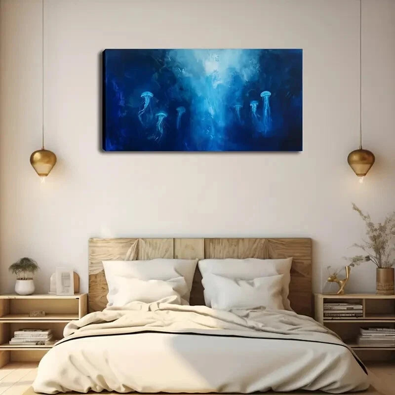Mystical Blue Ocean & Jellyfish Wall Art Canvas Office Home Room Framed 120x60cm