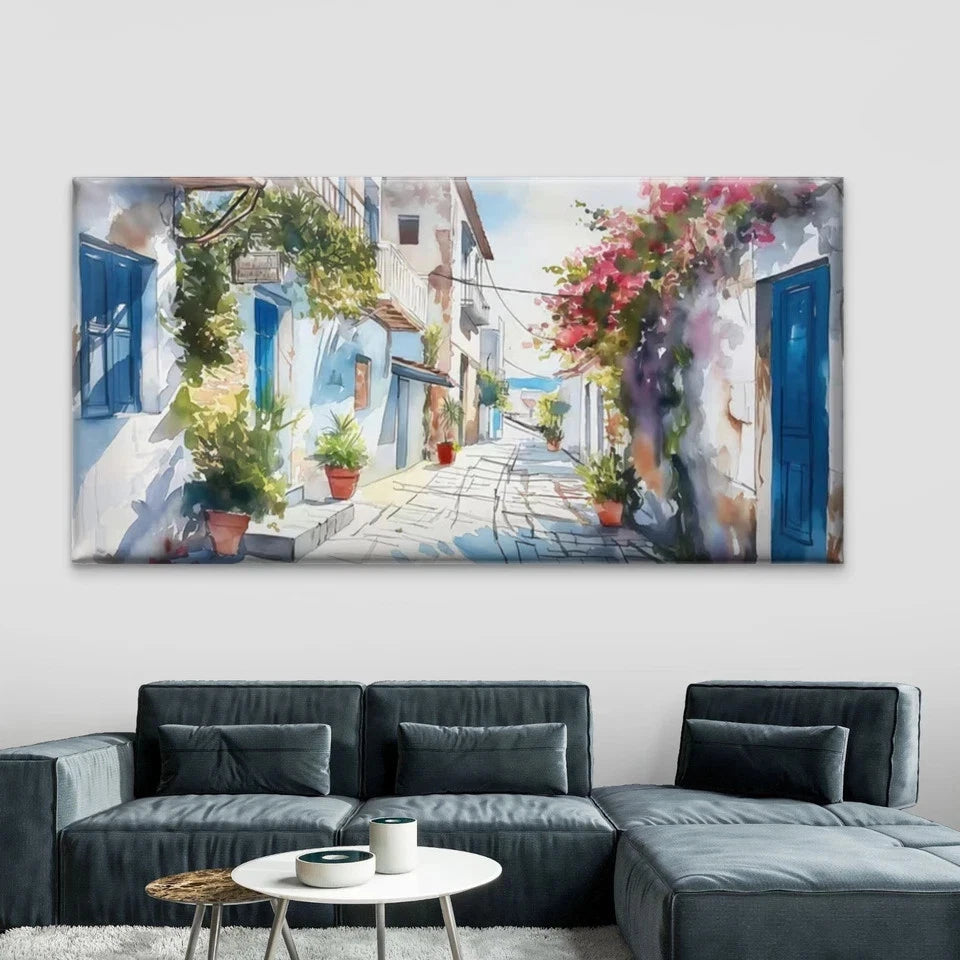 Mediterranean Street Watercolor Wall Art Canvas Office Home Room Framed 120x60cm