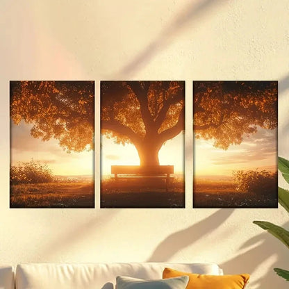 3pcs  Bench Under a Tree in a Field  Wall Art Set Canvas Framed 40x60cm - High Quality Print 100% Australian Made Wall Canvas Ready to Hang - Bella Home Decor