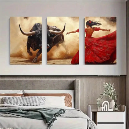 3pcs Flamenco Dancer Charging Bull Perfect Wall Art Set Canvas Framed 40x60cm - High Quality Print 100% Australian Made Wall Canvas Ready to Hang - Bella Home Decor