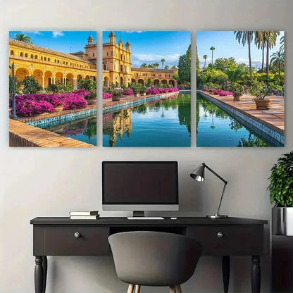 3pcs Vibrant Floral Architectural Scene Perfect Wall Art Set Canvas Framed 50x70cm - High Quality Print 100% Australian Made Wall Canvas Ready to Hang