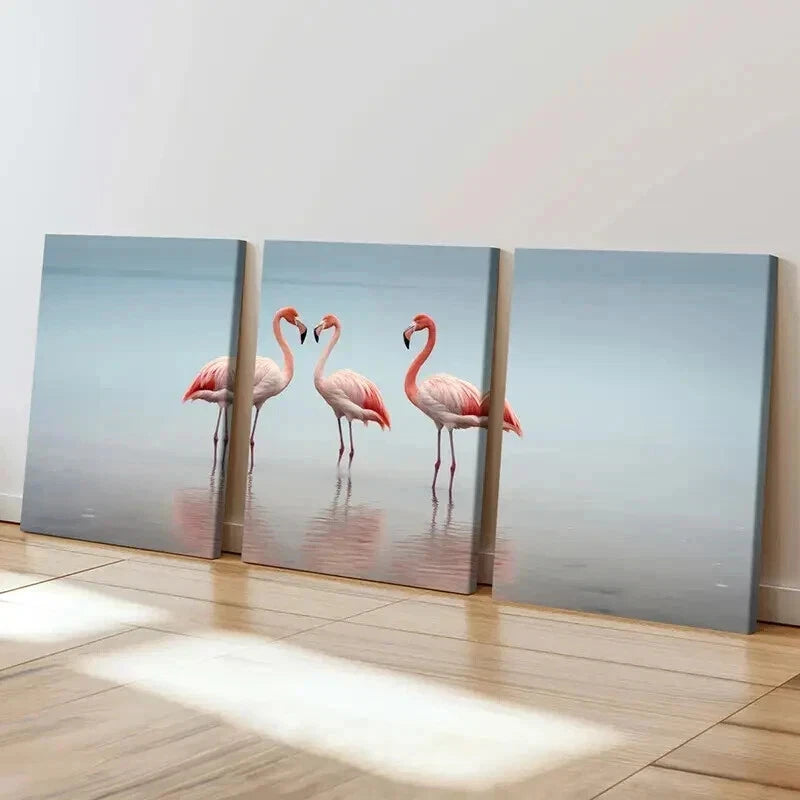 3pcs Three Pink and White Bird Flamingo Wall Art Set Canvas Framed 50x70cm - High Quality Print 100% Australian Made Wall Canvas Ready to Hang - Bella Home Decor