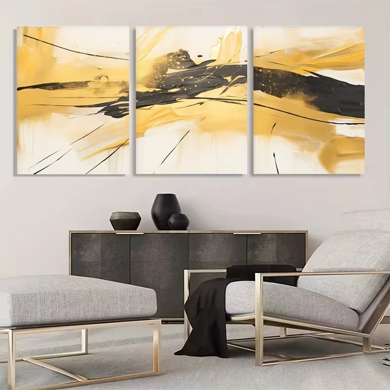 3pcs Abstract Black and Golden Color  Wall Art Set Canvas Framed 40x60cm - High Quality Print 100% Australian Made Wall Canvas Ready to Hang - Bella Home Decor
